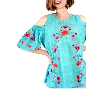 UMGEE Boho Cold Shoulder Aqua Blue/Green Embroidered Floral Tunic Shirt Top Med